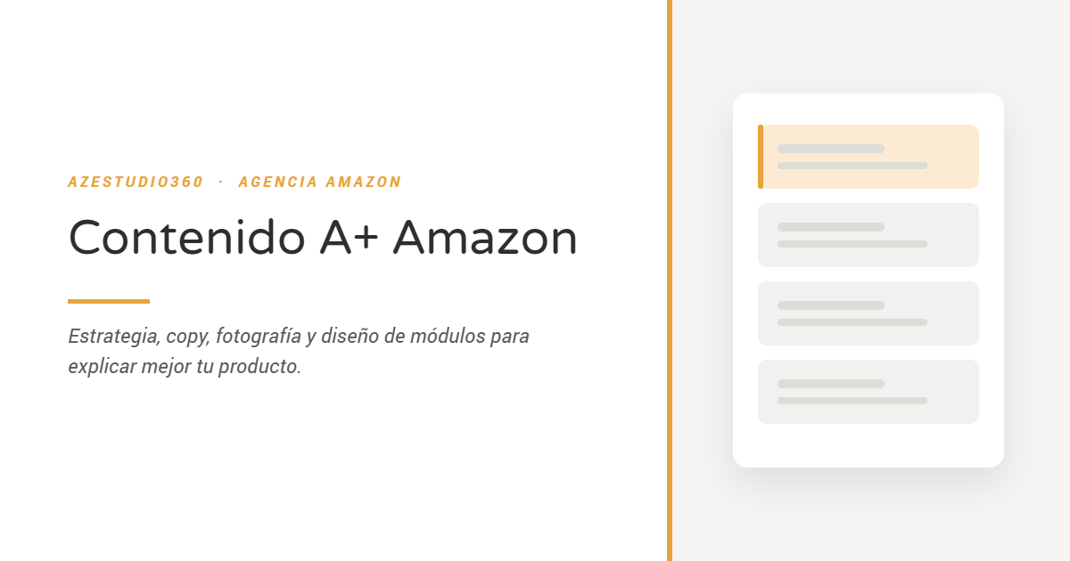 Tarjeta gráfica con el título «Contenido A+ Amazon» junto a la ilustración de una estructura de módulos