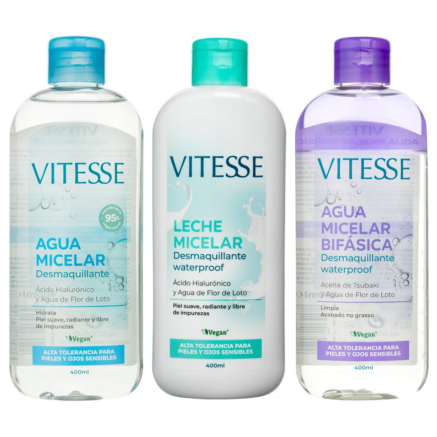 Tres envases de una misma línea de producto fotografiados juntos para comparar variantes