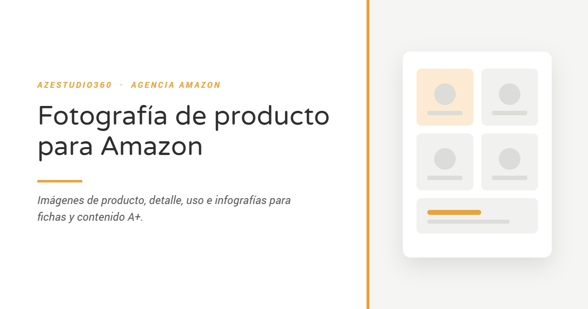 Tarjeta gráfica con el título «Fotografía de producto para Amazon» junto a la ilustración de una galería de imágenes