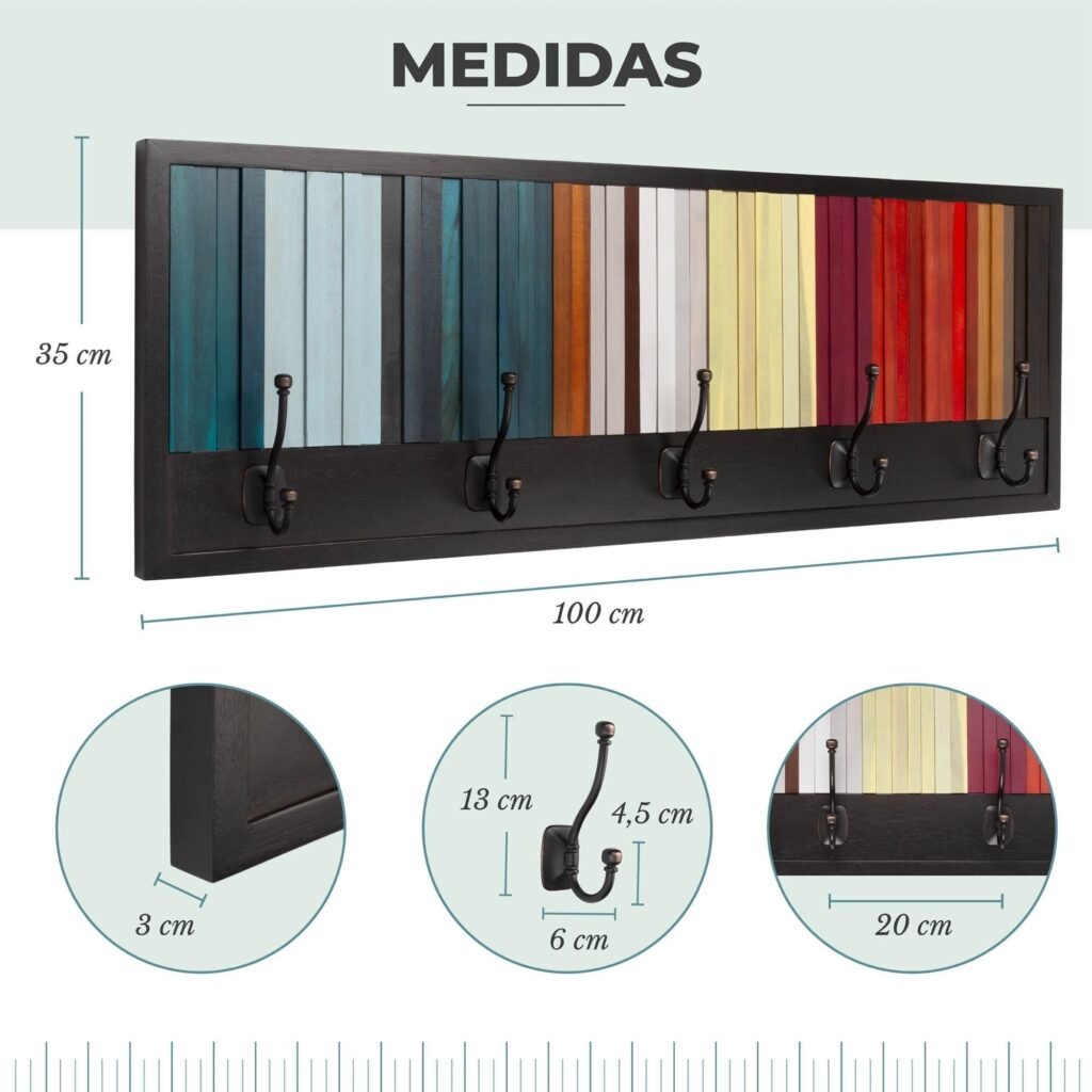 Infografía de medidas para ficha de Amazon con las cotas del perchero de pared de 100 x 35 cm y el detalle de los ganchos
