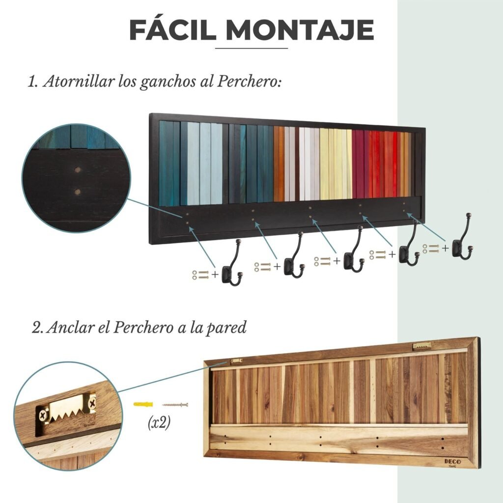 Infografía de montaje para ficha de Amazon con los pasos para atornillar los ganchos y anclar el perchero a la pared