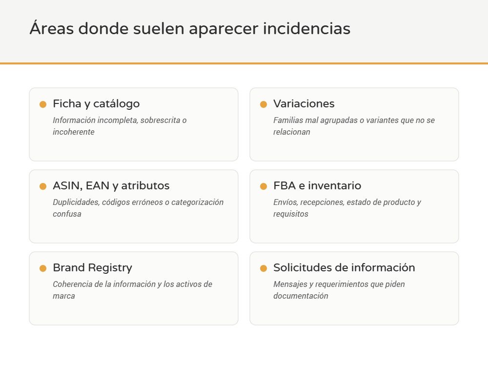Esquema con seis áreas de incidencia: ficha y catálogo, variaciones, ASIN y atributos, FBA e inventario, Brand Registry y solicitudes de información