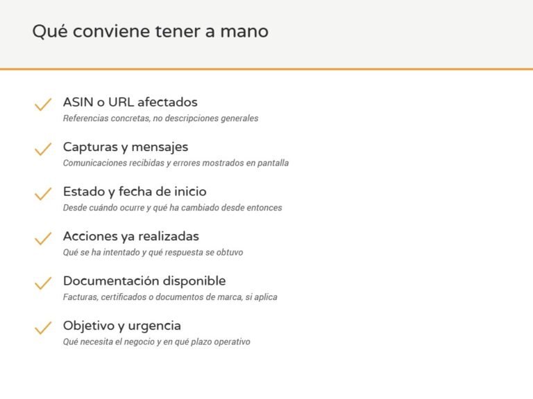 Lista de seis puntos: ASIN o URL, capturas y mensajes, estado y fecha, acciones realizadas, documentación y objetivo del negocio