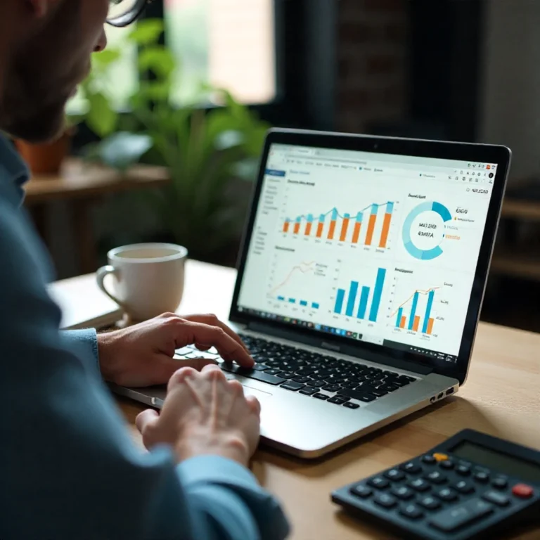 Portátil con gráficos de análisis de datos sobre una mesa de trabajo