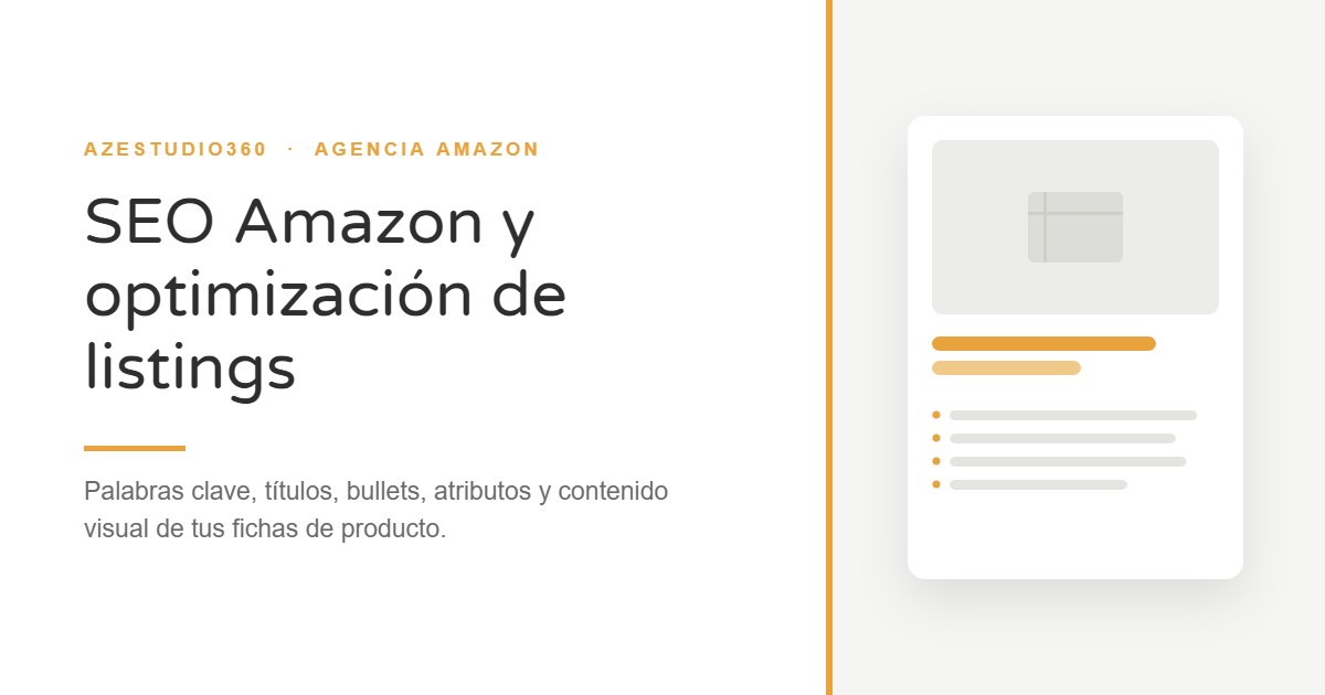 Tarjeta gráfica con el título «SEO Amazon y optimización de listings» junto a la ilustración de una ficha de producto